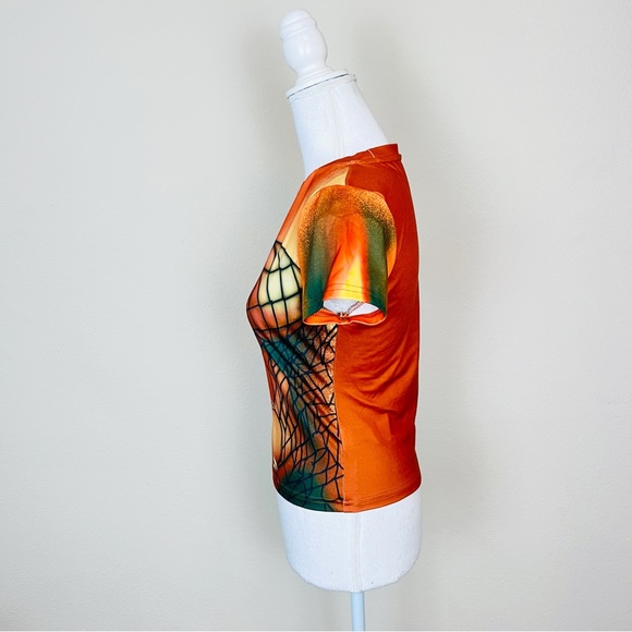 Rugged Trends Orange Fishnet & Safety Pin Grunge Illusion Short Sleeve Tee Top - Picture 4 of 8